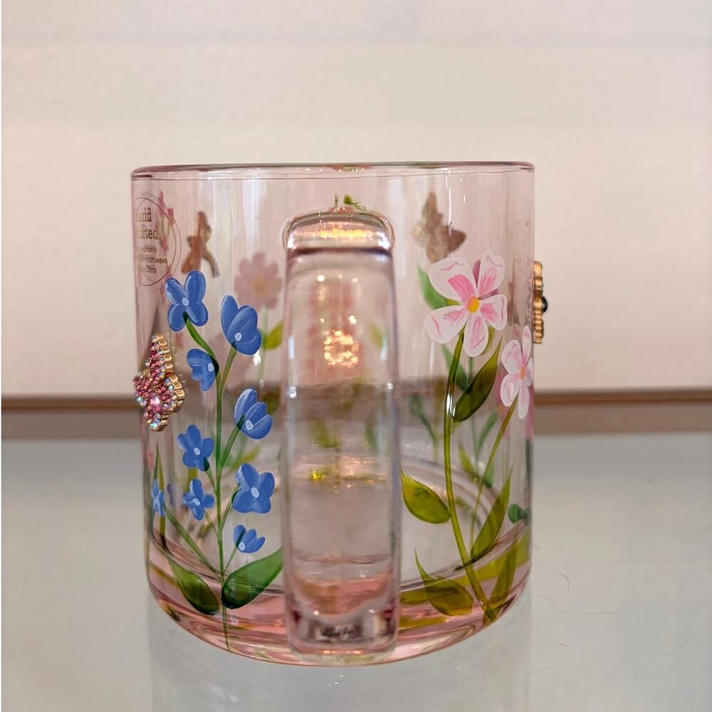 2pc Hand Painted & Jeweled Glass Mugs Multicolored Floral Butterfly NEW - Picture 12 of 15